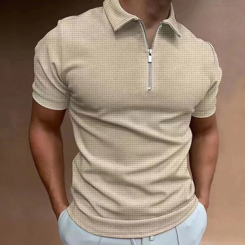 Mens Waffle Polo Shirt Short sleeved Summer Zipper Slim Fit Comfortable Casual Business Top Wear 240516