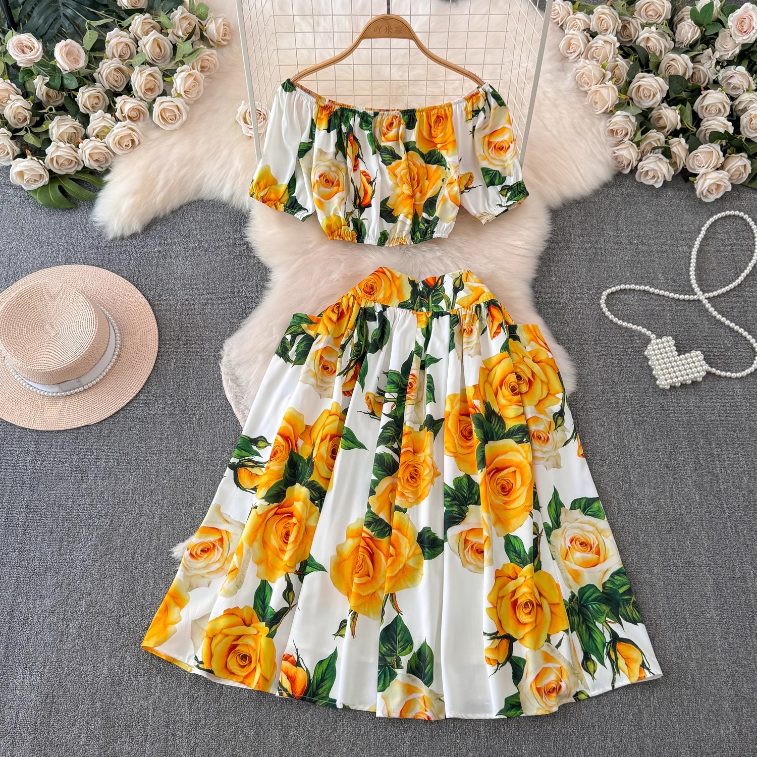 Two Piece Dress Summer Holiday Runway Two Piece Set Women's Off Shoulder Short Crop Tops Floral Print Pockets Buttons Skirt Suit Outfits 2024