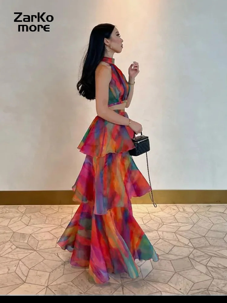 Printed stacked pleated hem womens dress with sleeveless suspender and high waisted long skirt 2024 Spring/Summer Fashion Womens Party Dress 240517