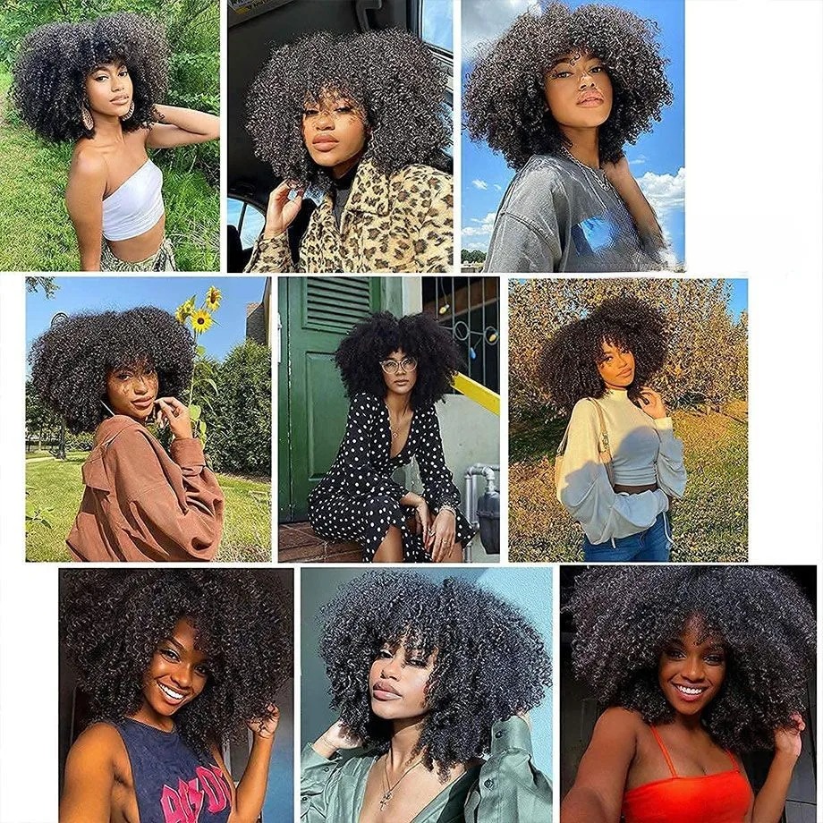 Afro Kinky Human Wigs with Baby Hair Glueless Remy Brazilian Short Curly Bangs Wig Wholesale