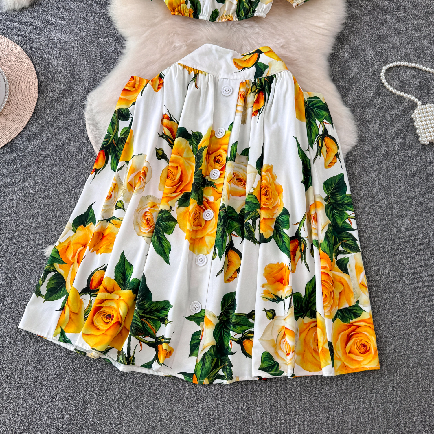 Two Piece Dress Summer Holiday Runway Two Piece Set Women's Off Shoulder Short Crop Tops Floral Print Pockets Buttons Skirt Suit Outfits 2024