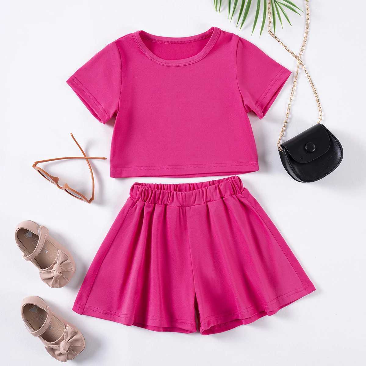 Clothing Sets Girls Short Sleeve Suits Summer Kids Solid Colour Casual Suit 0-5Y Waistless Top Loose Shorts Two Piece Set H241214