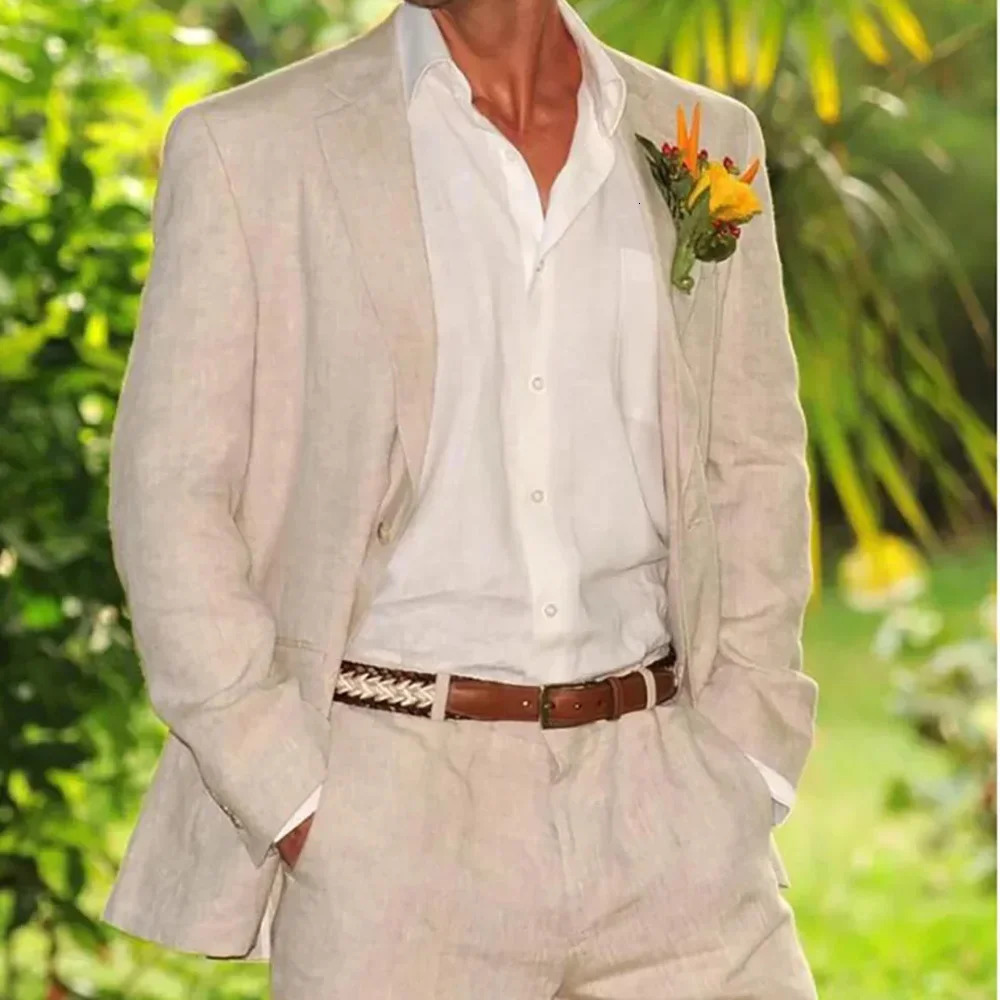 Summer Wedding Linen Beige Single Breasted Notch Lapel Men Suits Casual Daily Elegant Groom 2 Piece Jacket Pants Set Blazer 240508