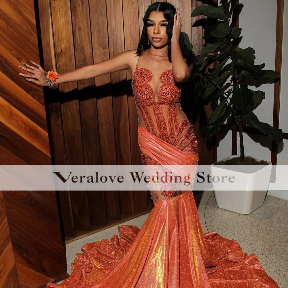Orange Mermaid Long Prom Dresses Black Girl 2024 Luxury Beaded Crystals Birthday Dress Evening Dress Vestidos