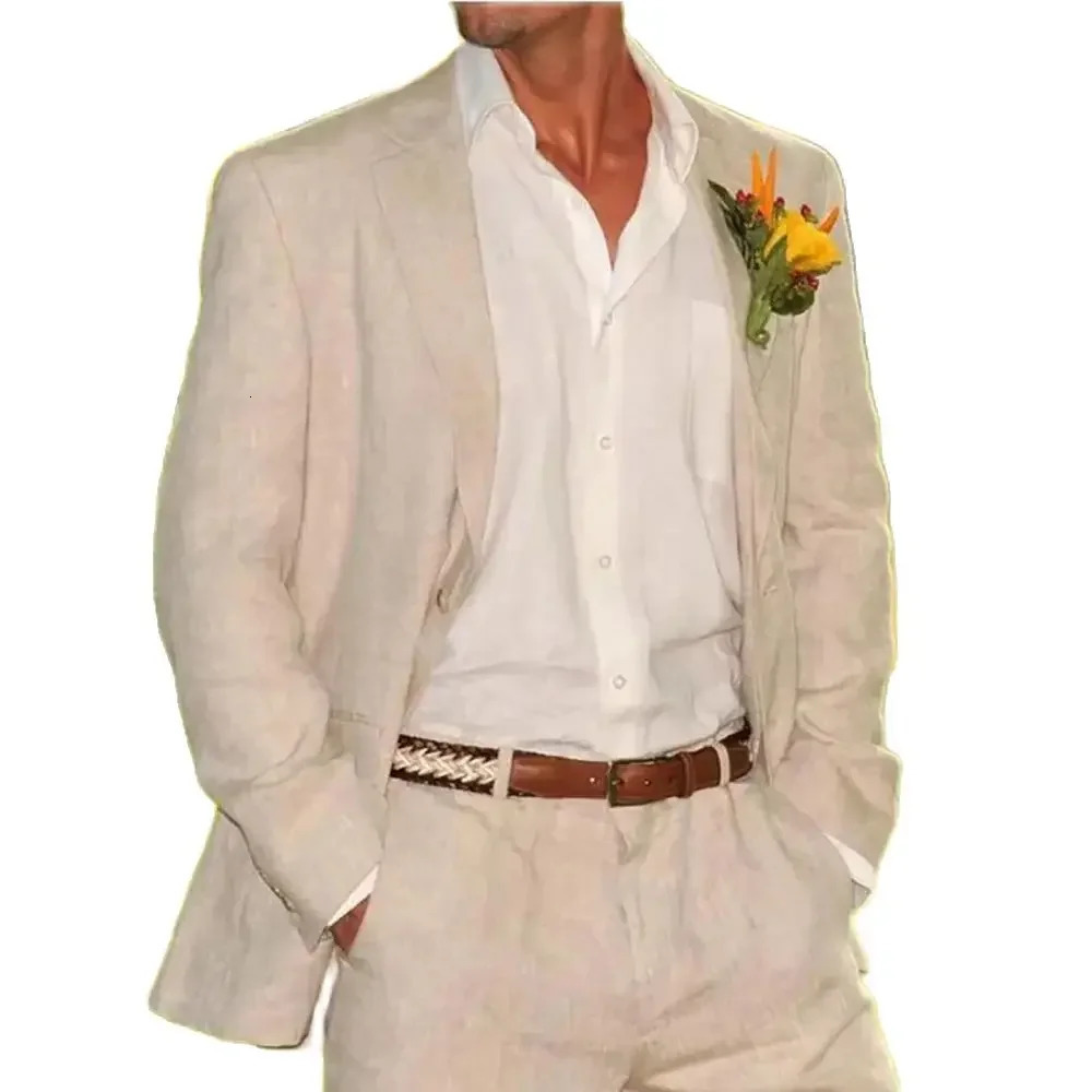 Summer Wedding Linen Beige Single Breasted Notch Lapel Men Suits Casual Daily Elegant Groom 2 Piece Jacket Pants Set Blazer 240508