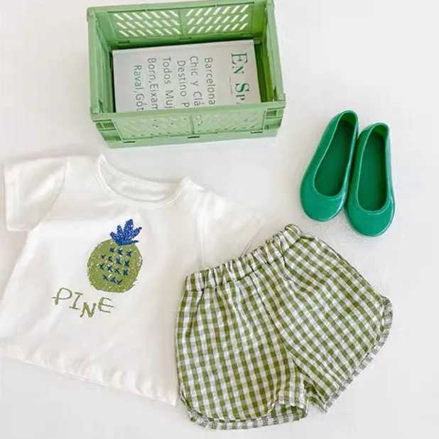 Clothing Sets Fashion 2pcs Baby Girls Short Sleeve Suit Fruit Print Sets Kids T-shirts +shorts Plaid Clothing Toddler Princess Girl Outfits H241214
