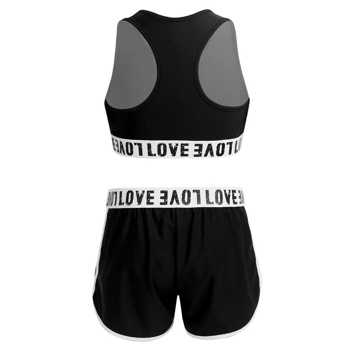 Clothing Sets Childrens and Girls Sportswear Letter Printing Gymnastics Sleeveless Racing Rear Tank Crop Top and Bottom Set Ballet Clothing Q240517