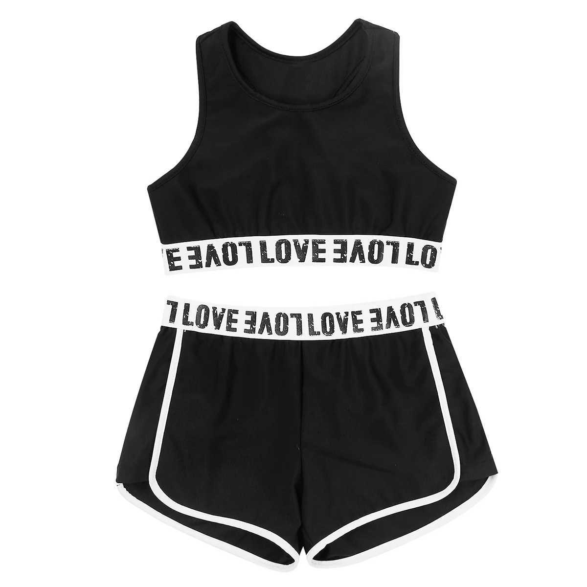 Clothing Sets Childrens and Girls Sportswear Letter Printing Gymnastics Sleeveless Racing Rear Tank Crop Top and Bottom Set Ballet Clothing Q240517
