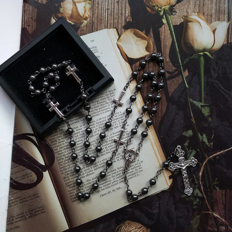 Our Lady of Guadalupe Medal Rosary Necklace Black Hematite Prayer Bead Chain Crucifix Cross Pendant Religious Jewelry Gifts 240518