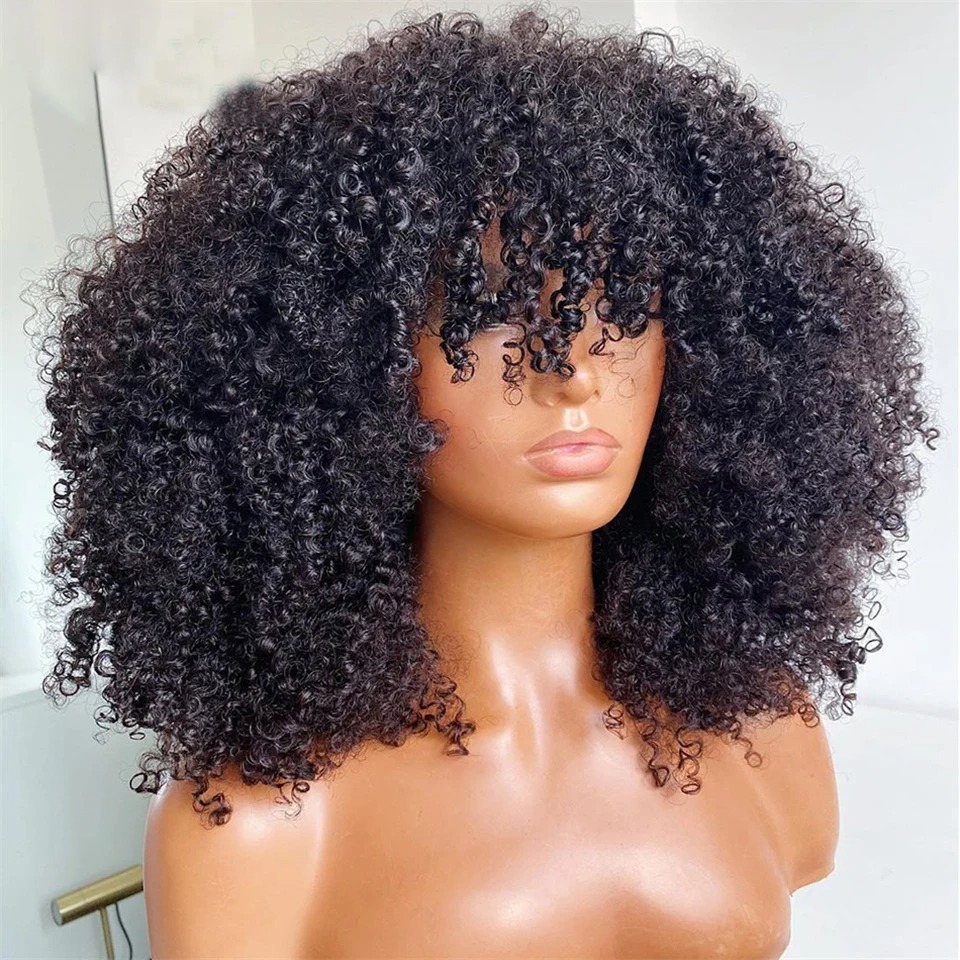 Afro Kinky Human Wigs with Baby Hair Glueless Remy Brazilian Short Curly Bangs Wig Wholesale