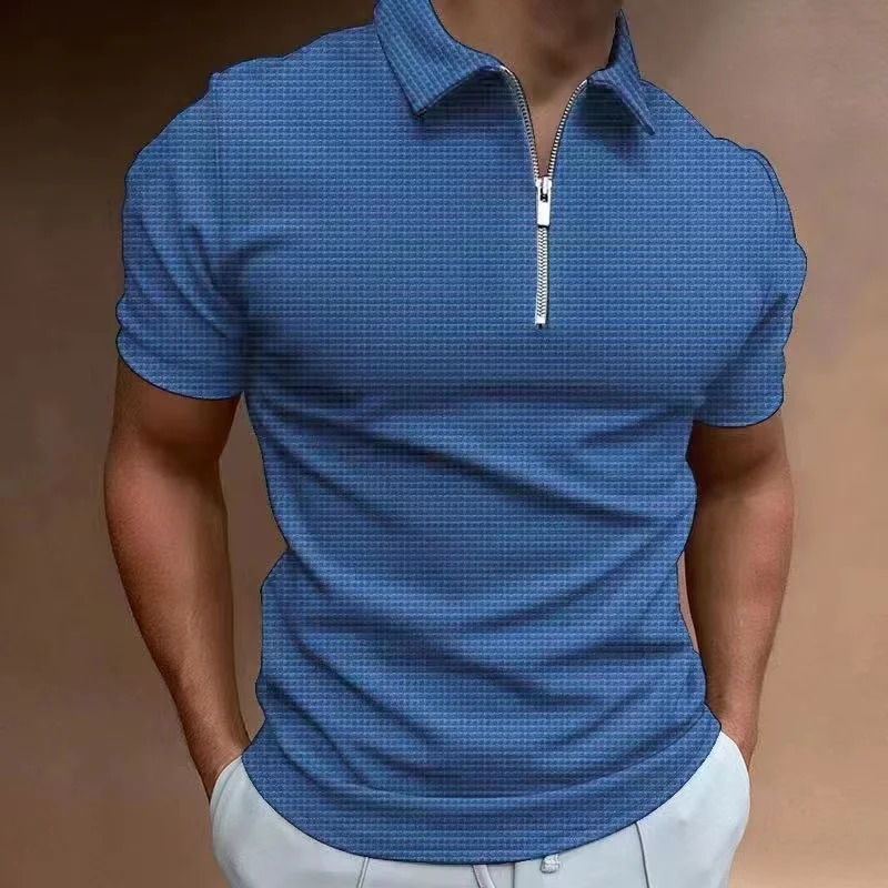 Mens Waffle Polo Shirt Short sleeved Summer Zipper Slim Fit Comfortable Casual Business Top Wear 240516