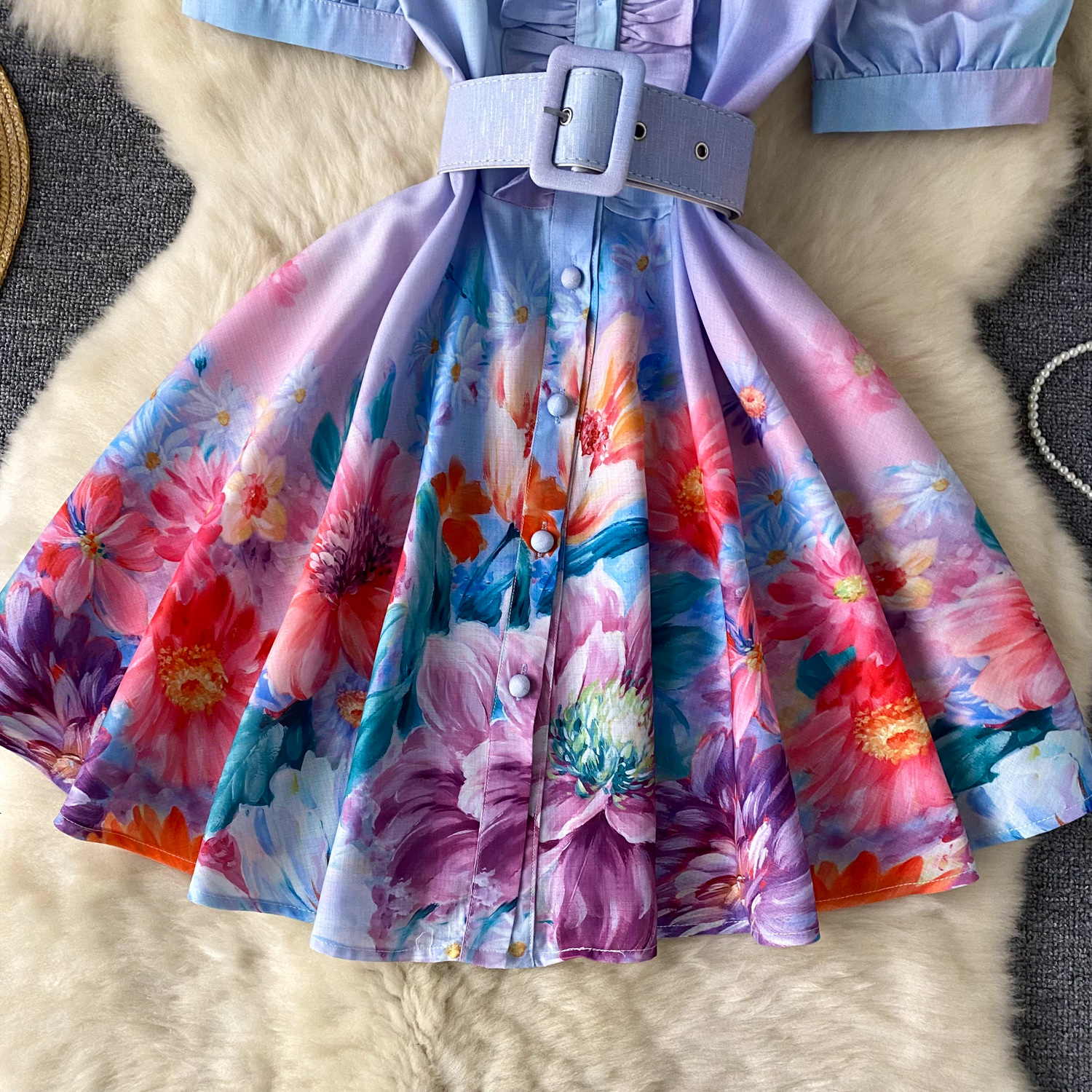 Spring Summer Runway Designer Flower Linen Dress Women Ruffles Lantern Sleeve Single Breasted Short Vest