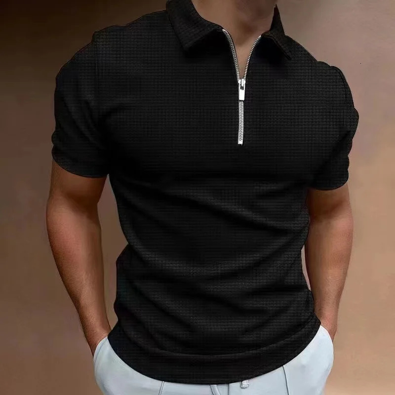 Mens Waffle Polo Shirt Short sleeved Summer Zipper Slim Fit Comfortable Casual Business Top Wear 240516