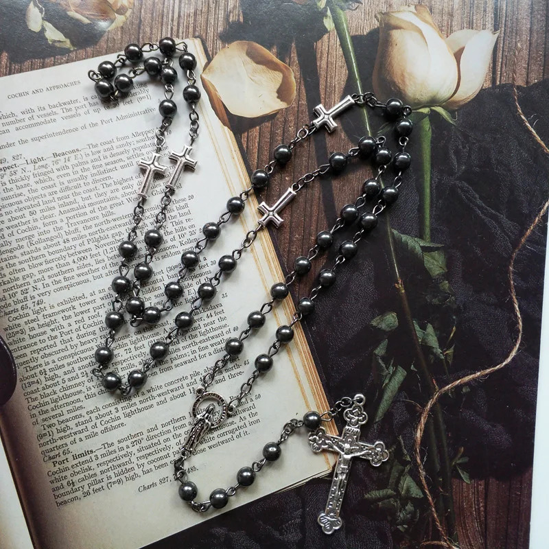 Our Lady of Guadalupe Medal Rosary Necklace Black Hematite Prayer Bead Chain Crucifix Cross Pendant Religious Jewelry Gifts 240518