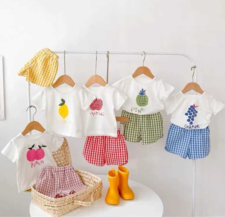 Clothing Sets Fashion 2pcs Baby Girls Short Sleeve Suit Fruit Print Sets Kids T-shirts +shorts Plaid Clothing Toddler Princess Girl Outfits H241214