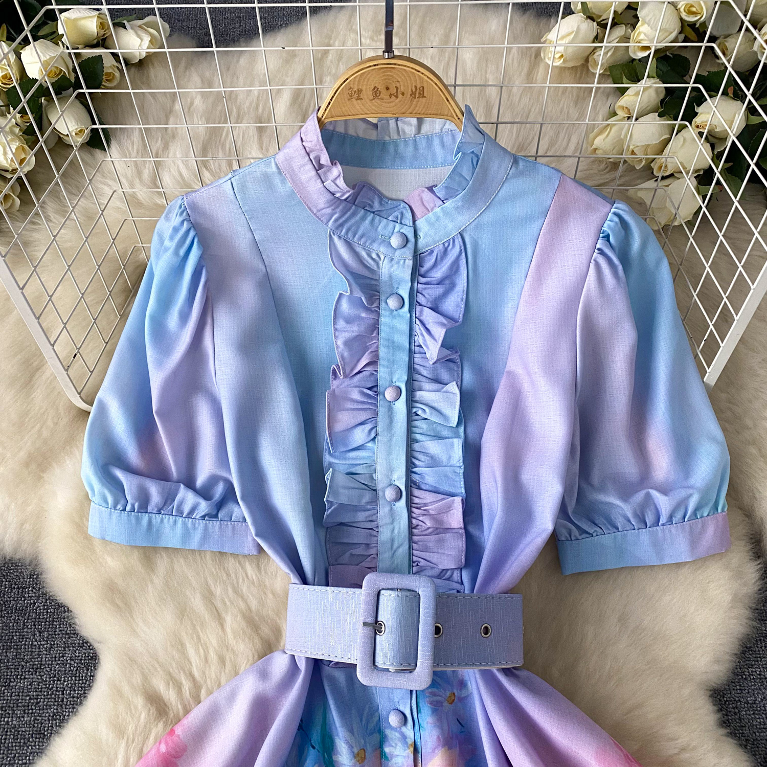 Spring Summer Runway Designer Flower Linen Dress Women Ruffles Lantern Sleeve Single Breasted Short Vest