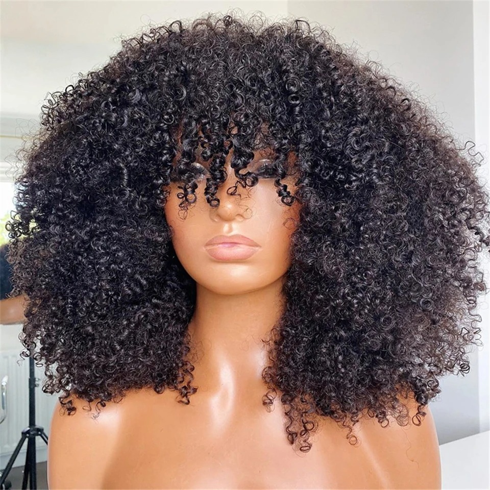 Afro Kinky Human Wigs with Baby Hair Glueless Remy Brazilian Short Curly Bangs Wig Wholesale