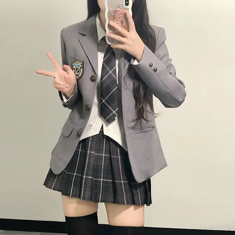 Japanese School Uniform JK Suit Girls Long Blazer Tie Plaid Skirt White Shirt Medal Five-piece Women Sexy Spring and Autumn Suit 240513