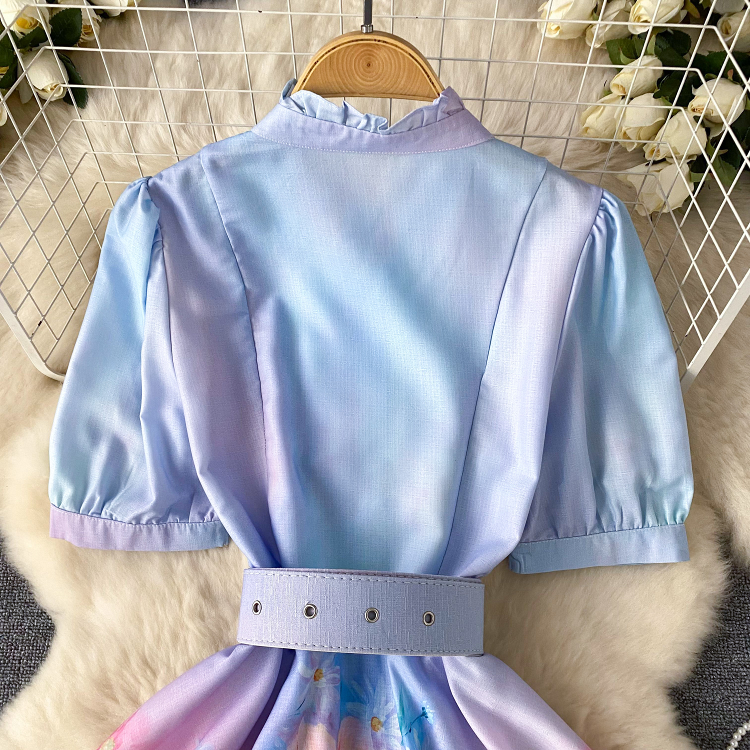 Spring Summer Runway Designer Flower Linen Dress Women Ruffles Lantern Sleeve Single Breasted Short Vest