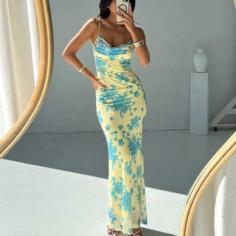 Basic Casual Dresses 2024 Elegant Shoulder Hanging Dress Womens Fashion Print Cross Bandage Long Dress Sexy Sleeveless Backless Party Dress J240516