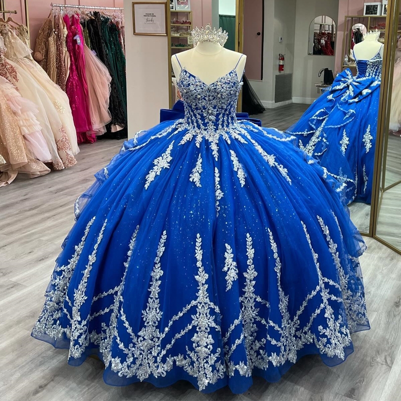 Blue Quinceanera Dresses Ball Gown Puffy Tulle Lace Appliques Beading Sweet 16 Dresses Party Prom Princess Vestido De 15 anos
