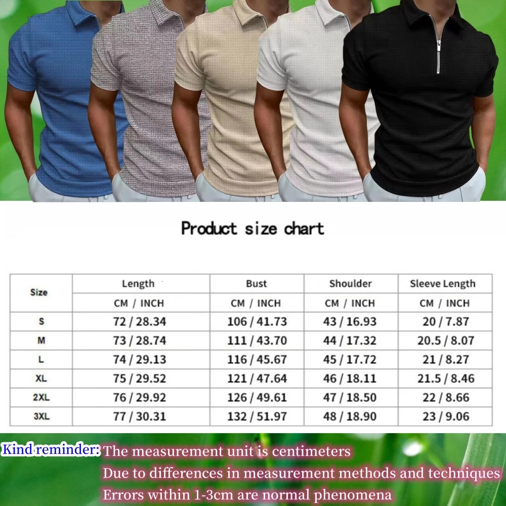 Mens Waffle Polo Shirt Short sleeved Summer Zipper Slim Fit Comfortable Casual Business Top Wear 240516