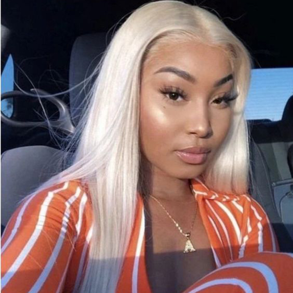 180 Density Platinum Blonde Human Hair White Straight Women HD Clear Synthetic Lace Front Wig 13X4