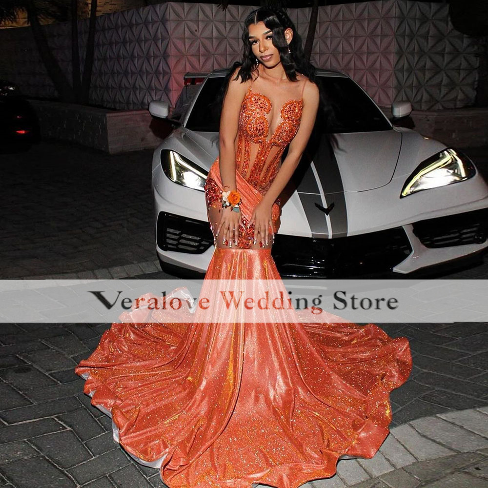 Orange Mermaid Long Prom Dresses Black Girl 2024 Luxury Beaded Crystals Birthday Dress Evening Dress Vestidos