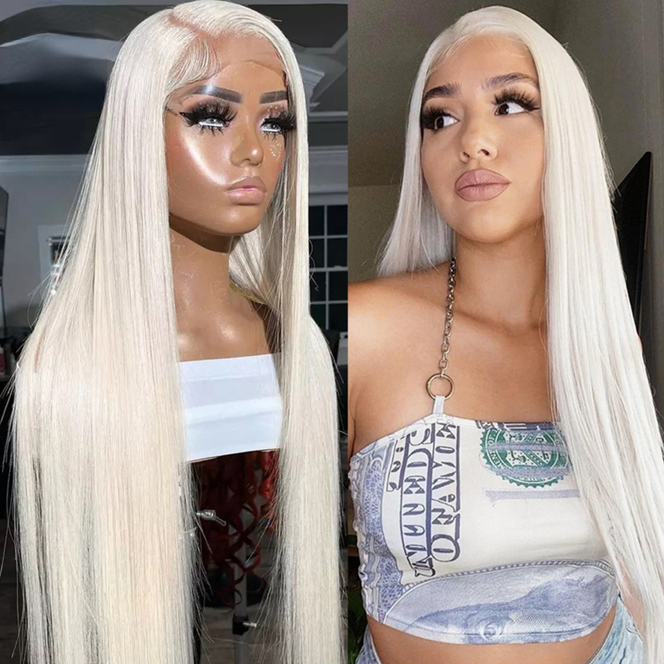 180 Density Platinum Blonde Human Hair White Straight Women HD Clear Synthetic Lace Front Wig 13X4