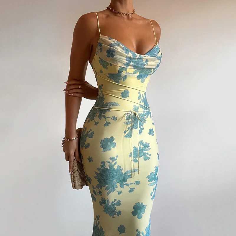 Basic Casual Dresses 2024 Elegant Shoulder Hanging Dress Womens Fashion Print Cross Bandage Long Dress Sexy Sleeveless Backless Party Dress J240516