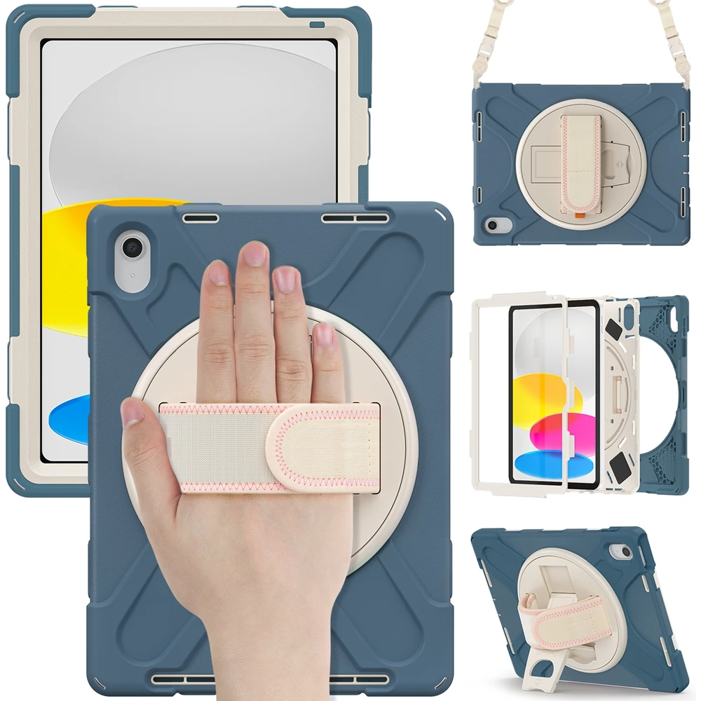 For iPad 10th Gen 10.9 inch Tablet Case 360 Rotating Stand Cover Shockproof Kid Safe PC + Silicon Hybrid Full Protection Cases with Hand Belt Shoulder