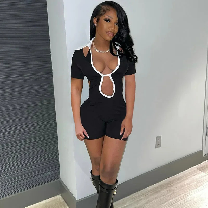 Sexy Backless Romper for Women Short Playsuit Clubwear Party Skinny Outfits Turndown Collar Black Jumpsuit Shorts 240509