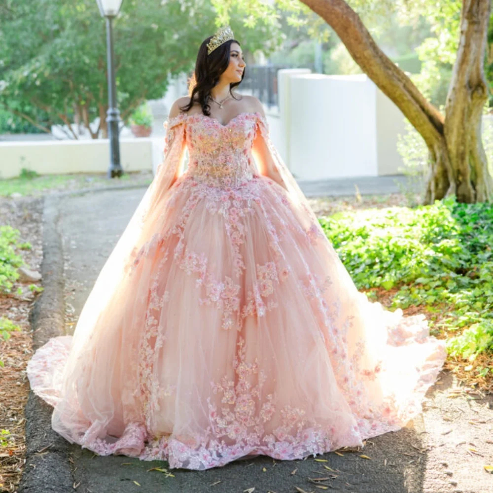 Beautiful Blush Pink 3D Floral Appliques Long Quinceanera Dresses Cape Sleeves Off The Shoulder Tulle Ball Gown Sheer Corset Flowers Sweet 16 Dress Ve