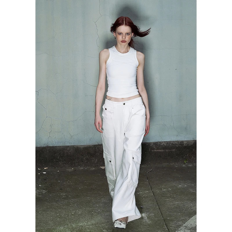 White Cargo Pants High Waisted Women Pants Vintage Straight Oversized Y2K Style Fashion Winter Streetwear Wide Leg Trouser 240517