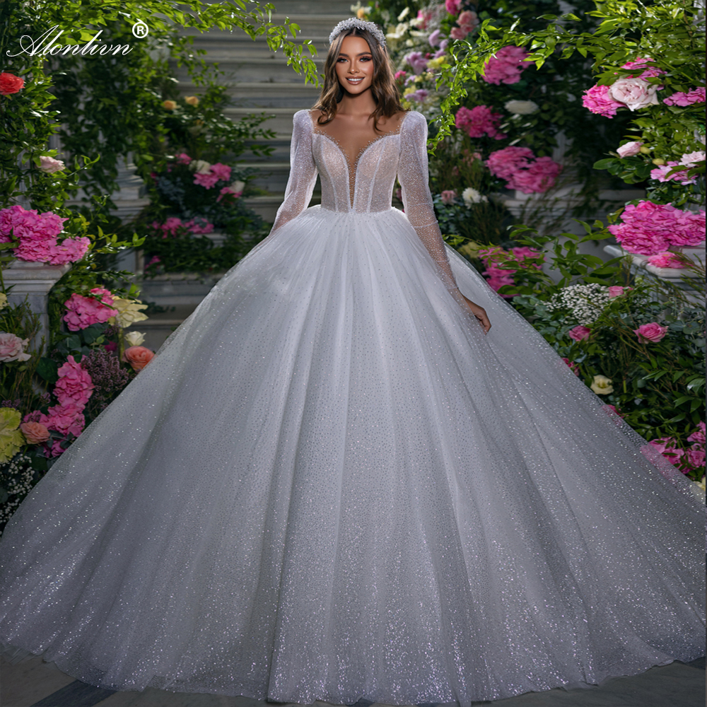 Sparkly Lace Deep V-Neck A-Line Wedding Dress Beading Pearls Full Sleeves princess Bridal Gowns Embroidered With Delicate Bling Tulle