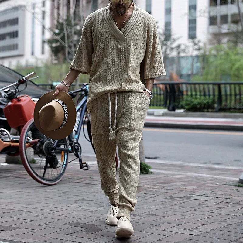 Summer Casual Sweater Set Mens Loose Short Sleeve Knit Tshirt Long Pants Two Piece Male Woolen Suits Ropa Para Hombre 240518