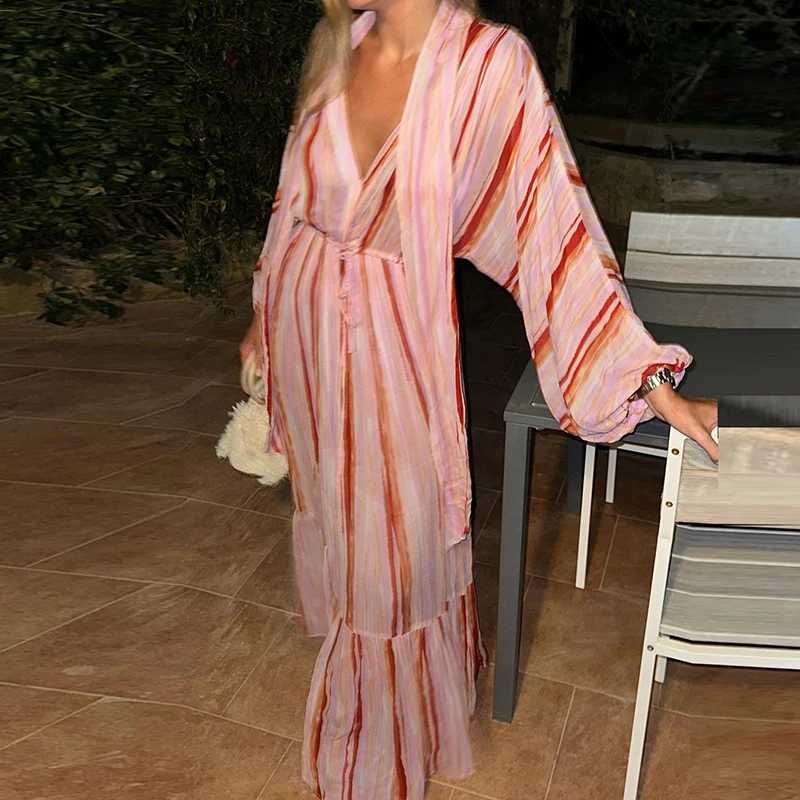 Basic Casual Dresses Fashion Print Lace-up Bohe Party Dress Sexy Deep V-neck Lantern Long Sleeve Beach Dress Women Elegant Pleated SwLong Dresses J240