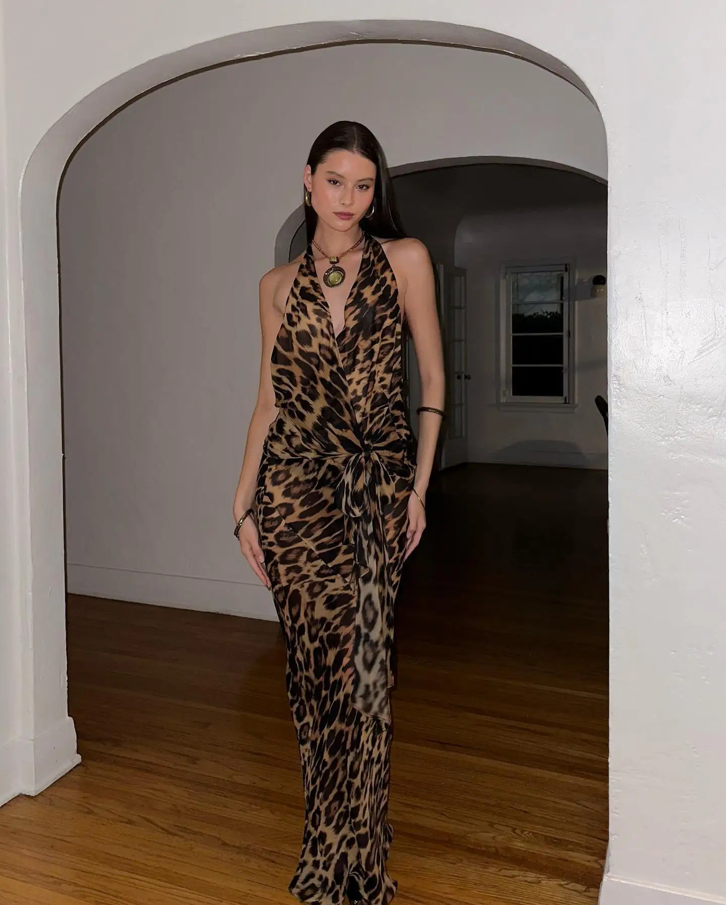 Elegant Leopard Halter Long Dresses For Women Sexy Soft Off Shoulder Bodycone Vestidos Female Casual Holiday Beach Party Robe 240516