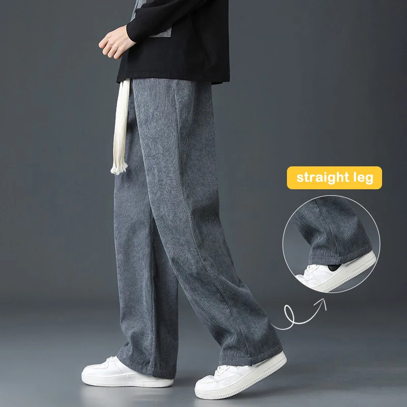 Spring Autumn Corduroy Sweatpants For Men Soft Loose Straight Tube Pants Elastic Waist Wide Leg Sports Running Trousers 240510