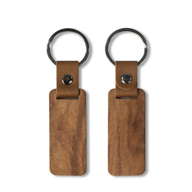 100Pcs Blank Wood Keychains PU Leather Keychain Rectangular Wood Key Chain 240516