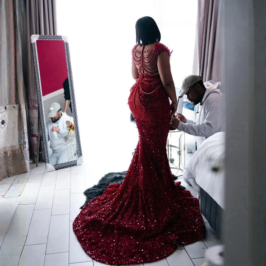 African ESO EBI Red Prom Dresses Mermaid Sheer Neck Sequined Lace Beads Formal Evening Dress Women Birthday Ocn Gowns 6660311