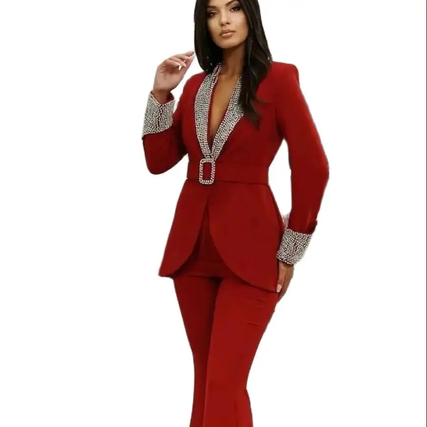 Unique Desinger Mother Of The Bride Pant Suits Red Crystal Evening Party Women Tuxedos For Wedding 2 Pieces