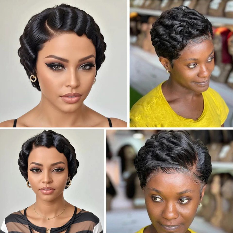 Finger Wave 13x4 Lace Human Hair Wig Short Headband With Lace Front Wig Laceshort Pixie Wig 6inch Diagonal Bangs and Qi Bangs
