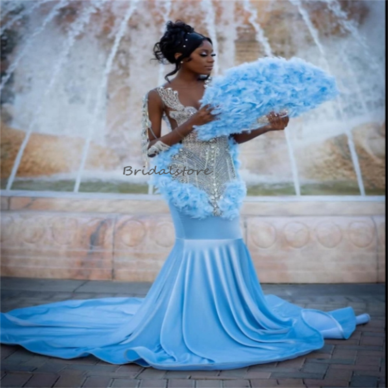 Blue Rhinestone Mermaid Prom Dresses With Feathers Luxury Blackgirls Mermaid Ladies Velvet Dresses For Special Occasions Beaded Crystal Evening Dress 
