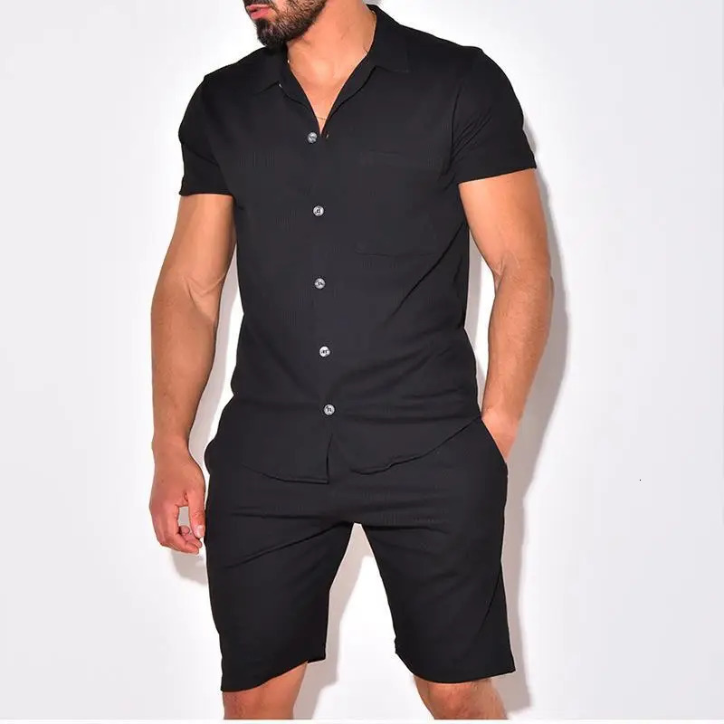 MenS TwoPiece Solid Color ShortSleeved Shirt And Shorts Casual Suit 240518