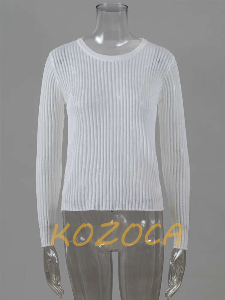 Kozoca Fashion White Elegant Striped See Through Women Tops Outfits Long Sleeve T-Shirts Tees Skinny Club Party Clothes 240518