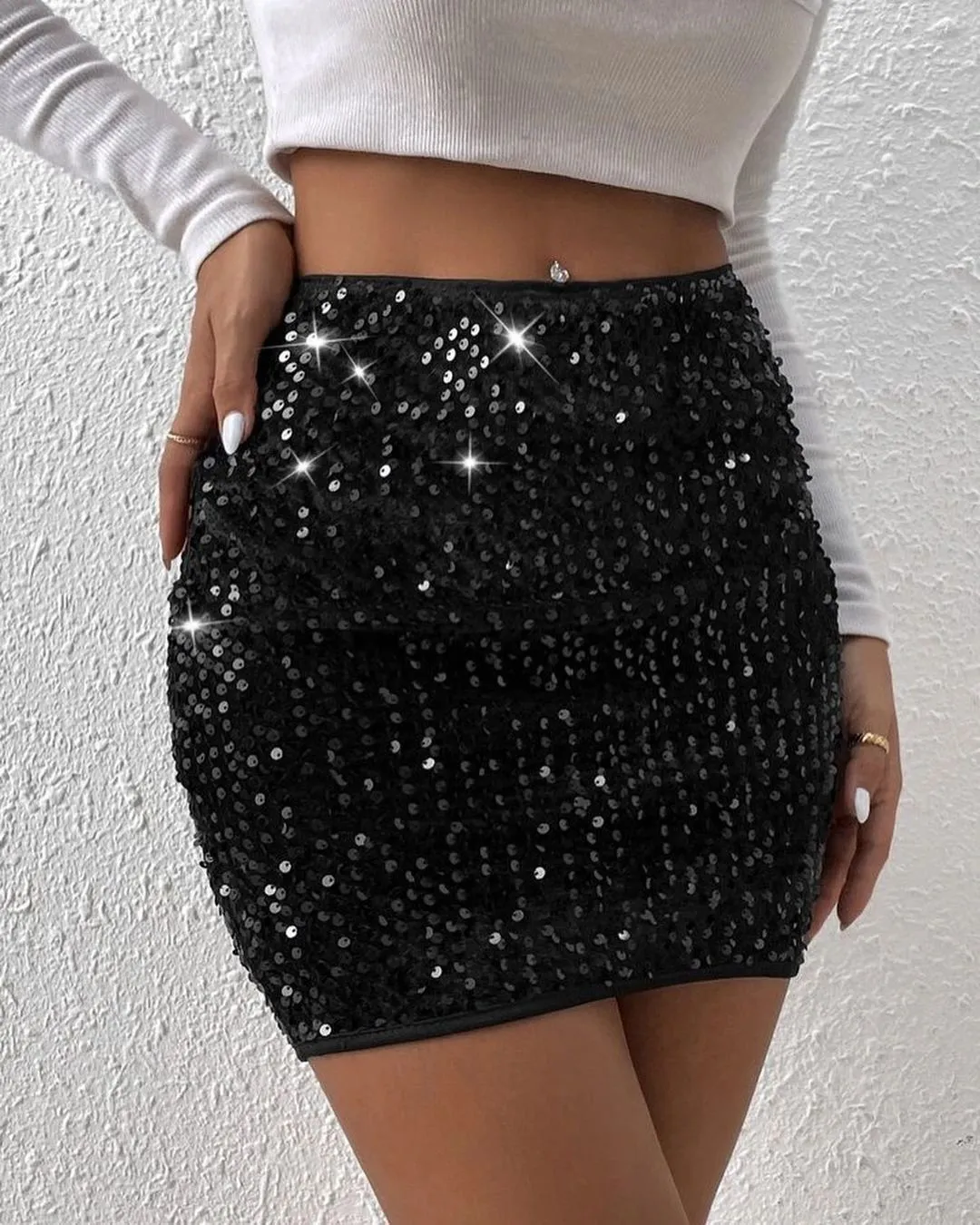 Sparkling In Sequins Embellished Sequined Straight Mini Skirt Elasticated Waistband With Slip-On Closure Cps3042 520 0520