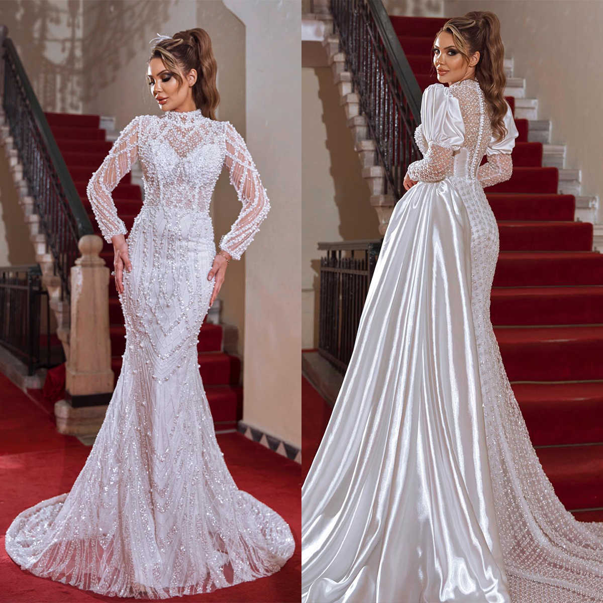 Fashion Pearls Mermaid Wedding Dresses Sequins Beading High Neck Bridal Gowns Long Sleeve Custom Made Plus Size Bride Dress