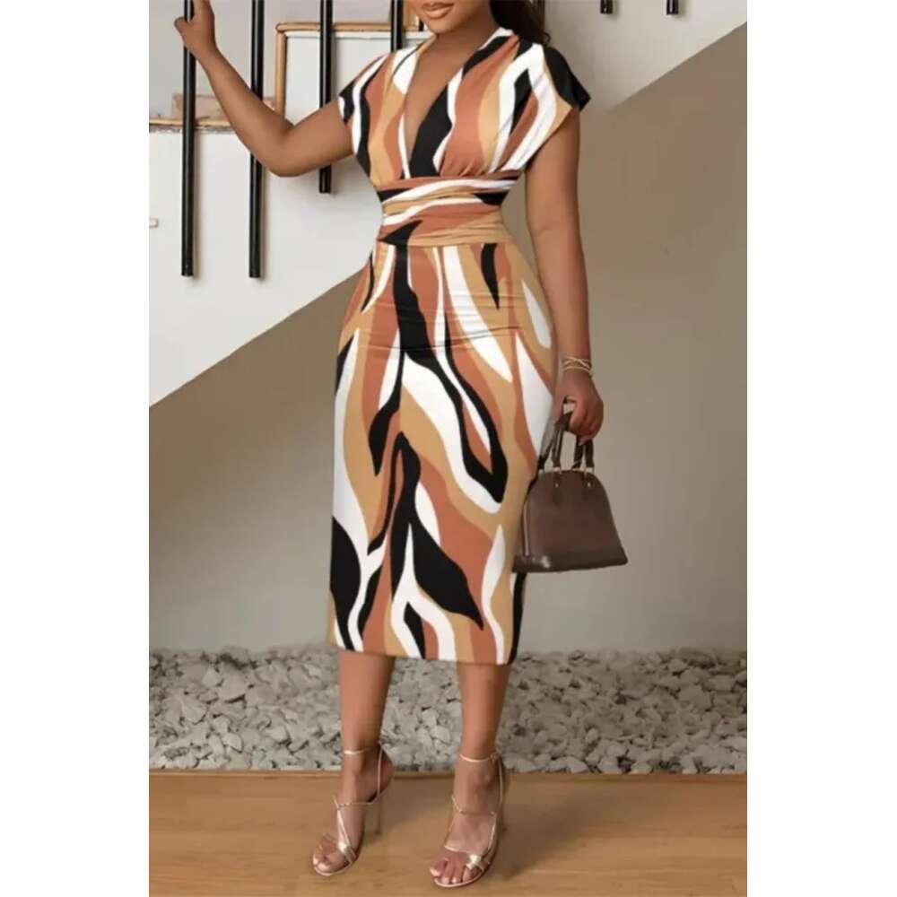 2024 Spring/Summer New minimalist V-neck wrap buttocks printed dress for women F52033