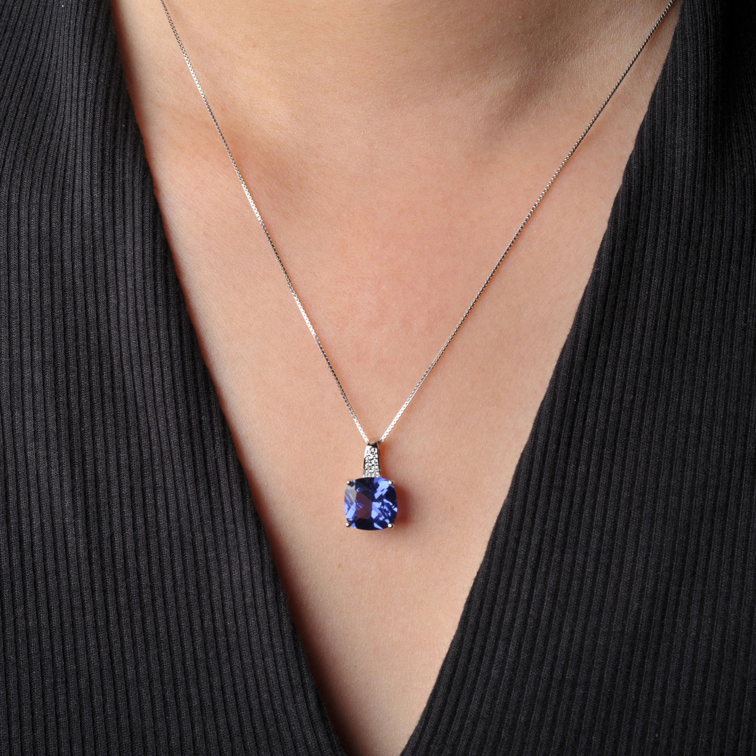 Potiy 473ct Cushion Created Sapphire Nano Emerald Tanzanite Pendant Necklace No Chain 925 Sterling Silver for Women valentines 240511